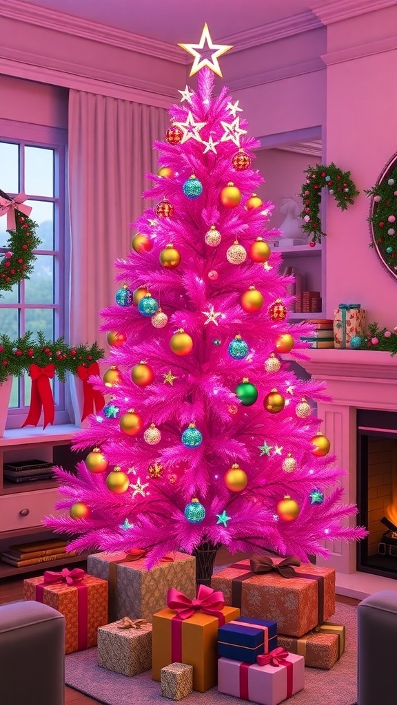 Sims 4 Custom Content Pink Christmas Tree A pink Christmas tree with decorations in a Sims 4 living room, surrounded by gifts and a fireplace.
